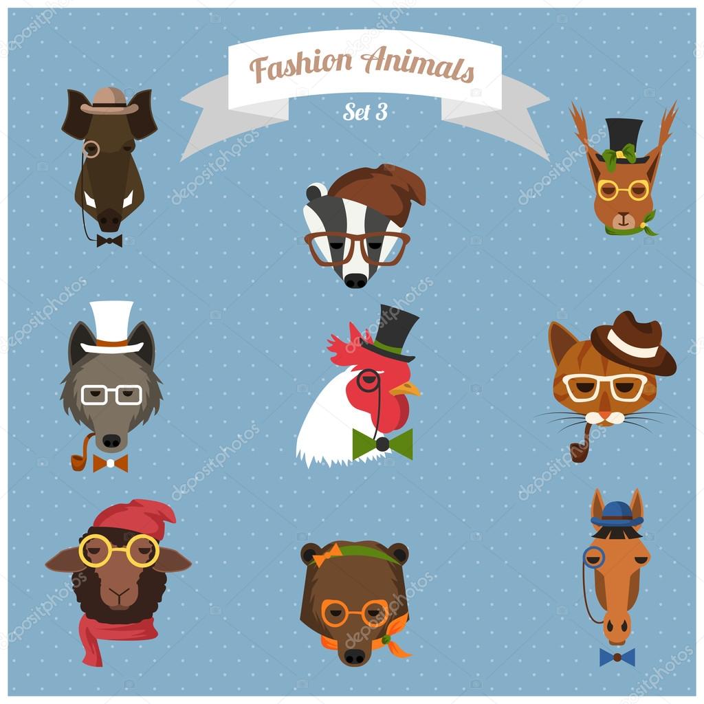 Cute fashion Hipster Animals with flat design. Vector Illustration