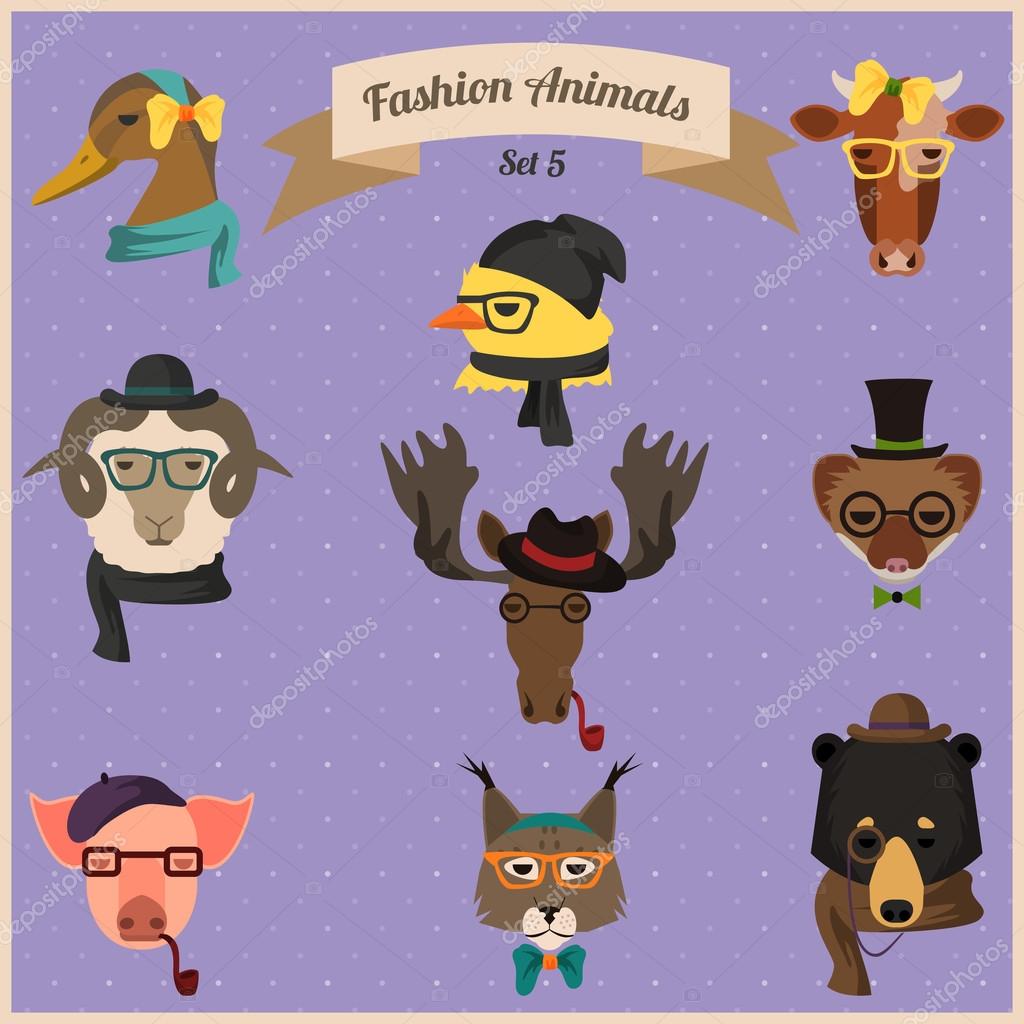 Cute fashion Hipster Animals with flat design. Vector Illustration