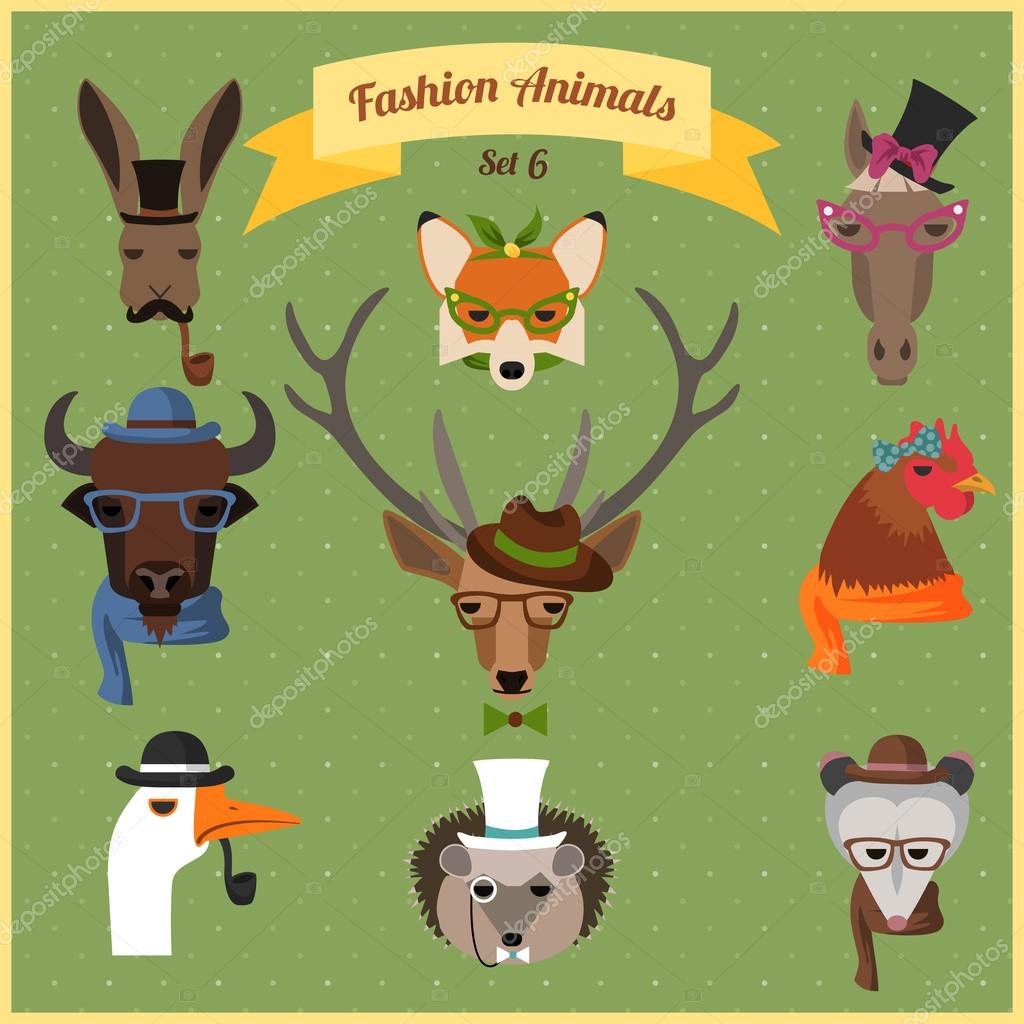 Cute fashion Hipster Animals with flat design. Vector Illustration