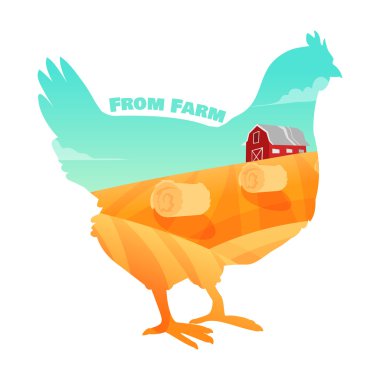 Hen with farm background inside. Concept of fresh products. vector Hen with farm background inside. Concept of fresh products. vector