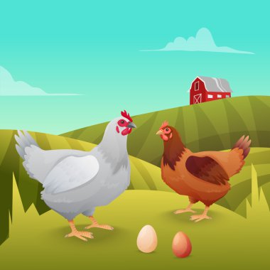 Hens standing on grass with farm background vector Hens standing on grass with farm background vector
