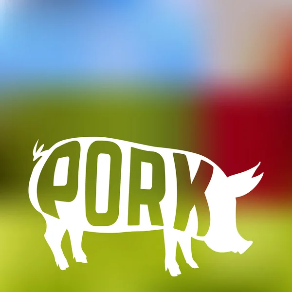 Pig silhouette with text inside on blur farm background — Stock Vector