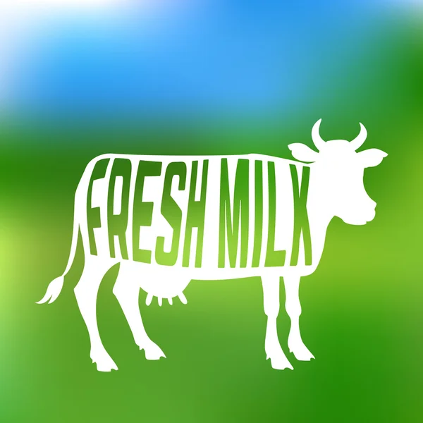 Cow silhouette with text inside about fresh milk. Label or emblem. — Stock Vector