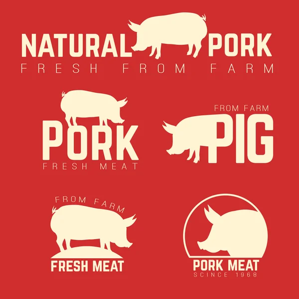 Set di emblemi di maiale, logotipi ed etichette isolate bianche su sfondo rosso Vettoriale Stock