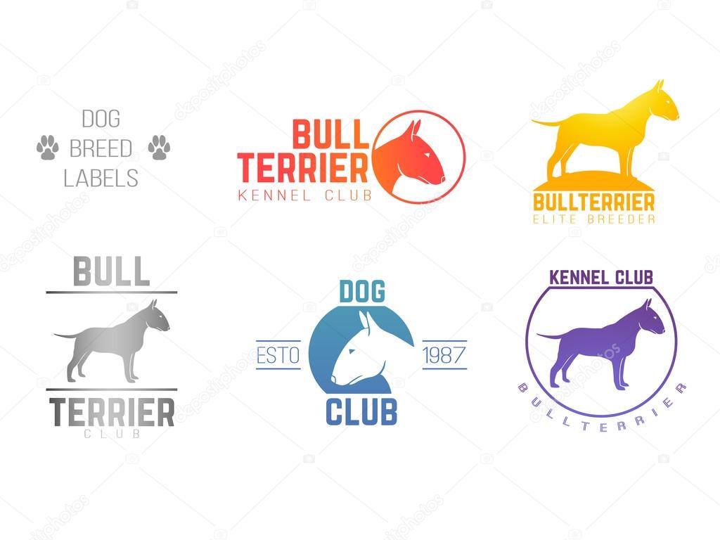  design logotypes, labels set of bill terrier god breed for kennels, breeders, clubs isolated
