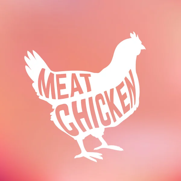 Silhouette de poulet à la viande avec texte à l'intérieur sur fond flou — Image vectorielle