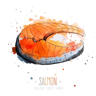 Serbest stil sıçramalarına suluboya somon steak. Taze ve sulu renkler. El izole üzerinde beyaz arka plan çekilmiş.