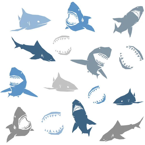 Tiburones siluetas patrón sin costuras. Azul aislado sobre fondo blanco — Vector de stock