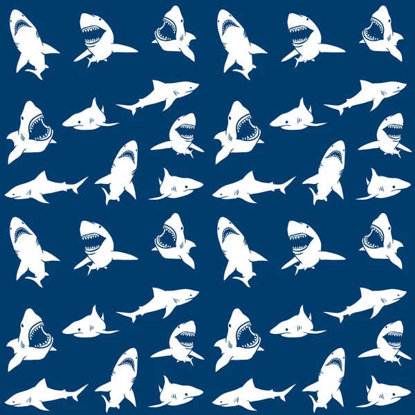 Silhouettes de requins motif sans couture. blanc sur fond bleu . — Image vectorielle