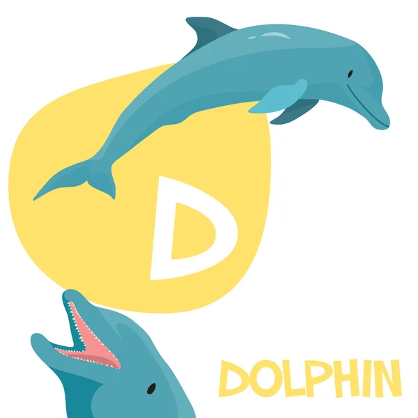 Funny cartoon animals vector alphabet letter set for kids D is dolphin Stock Vector