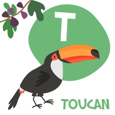Funny cartoon animals vector alphabet letter set for kids. T is Toucan
