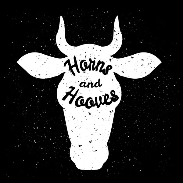 White silhouette of cow head with grunge scratched texture design and text inside. Logo or poster concept. Vector Graphics