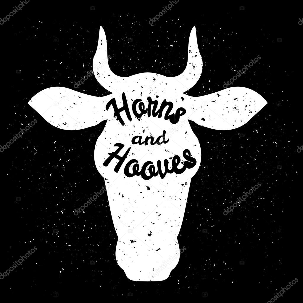 White silhouette of cow head with grunge scratched texture design and text inside. Logo or poster concept.