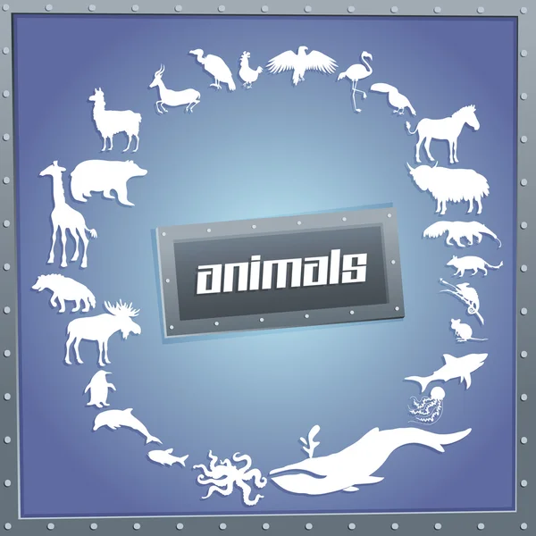 Concept blauwe poster voor jongens met dieren silhouetten rond met tekst binnen een. — Stockvector