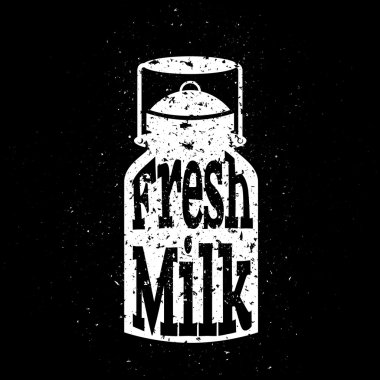 White scratched milk can on black background with text inside fresh milk. Concept poster.
