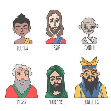 Farklı itiraf ve din ünlü erkek portre ayarlayın. Buda, İsa, Muhammed, Gandi, Moses, Konfüçyüs