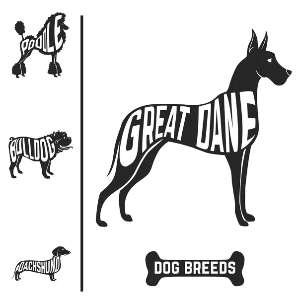 Isolated dog breed silhouettes set with names of breeds inside on white baclground. — Stock Vector