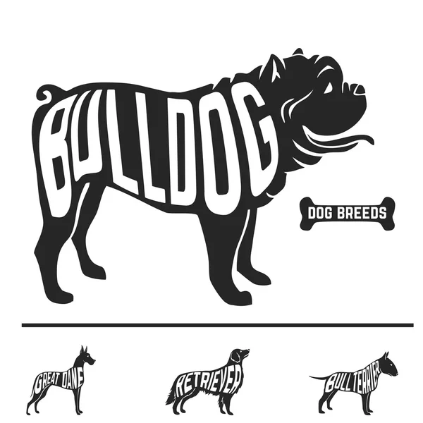 Isolated dog breed silhouettes set with names of breeds inside on white baclground. — Stock Vector