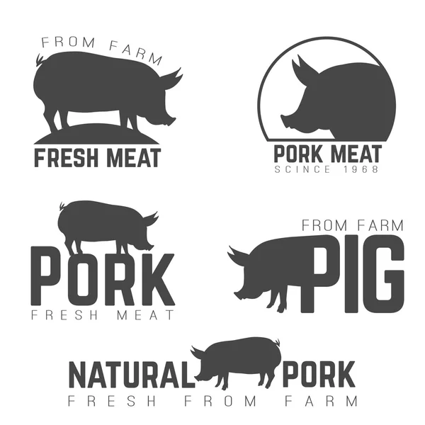 猪肉标志、 标识和标签集孤立在白色背景上的黑色 — 图库矢量图片