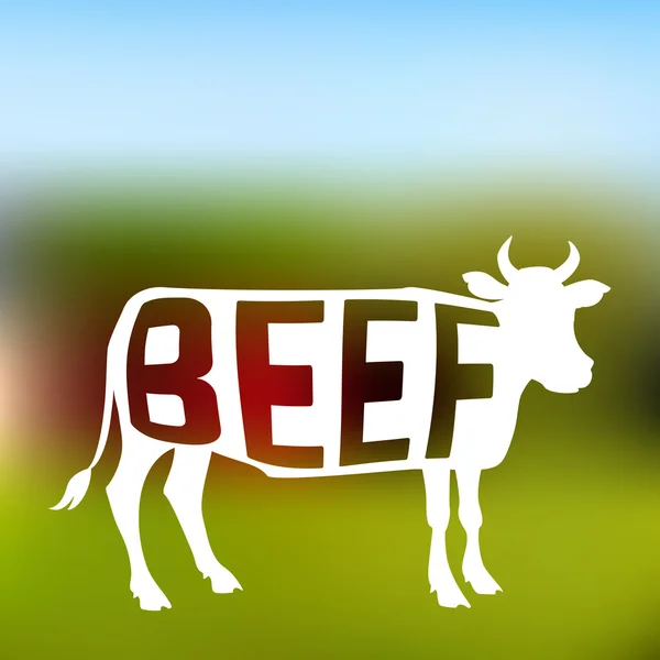 Silhouette of meat cow with text inside on blurred background Stock Vector