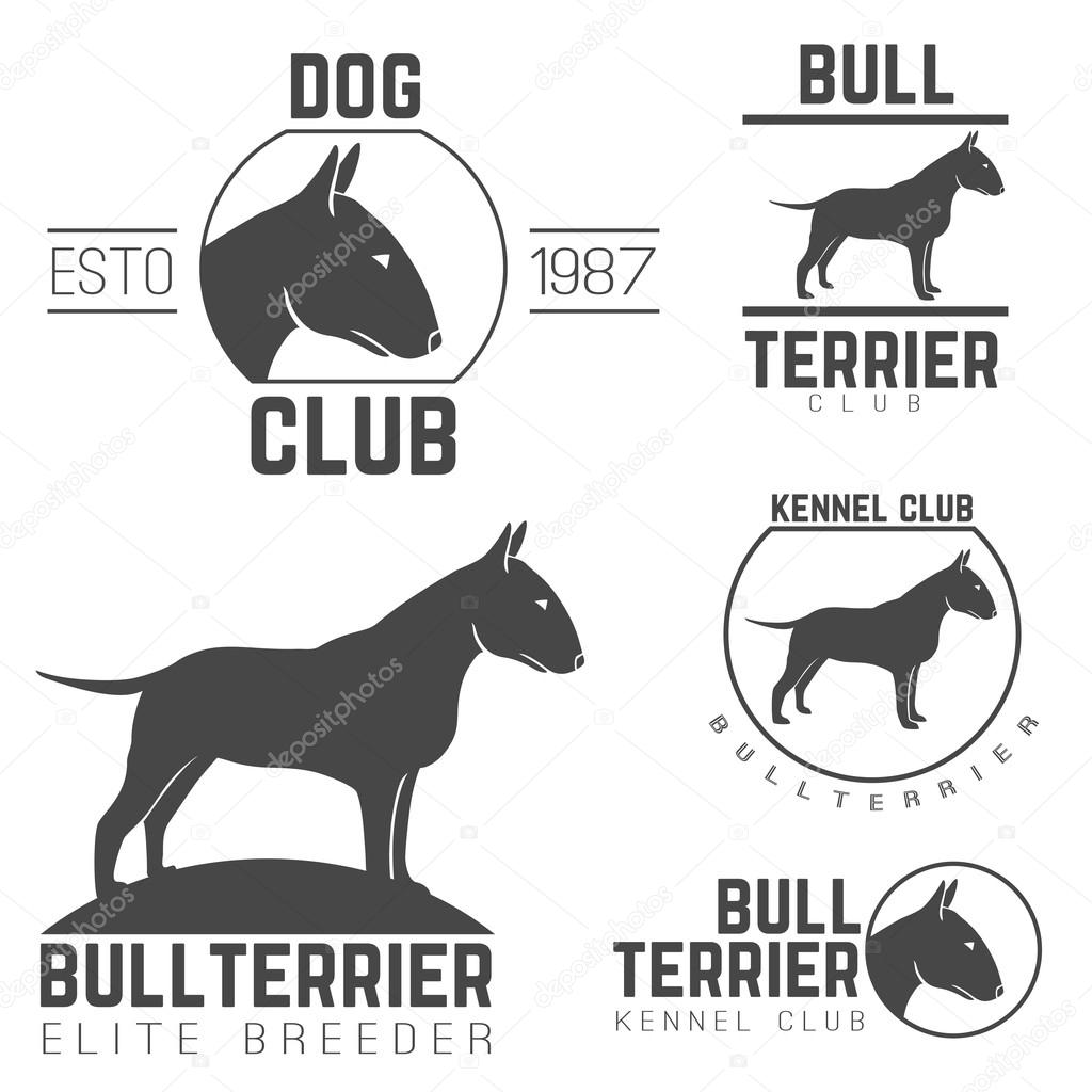  design logotypes, labels set of bill terrier god breed for kennels, breeders, clubs isolated black ob white background