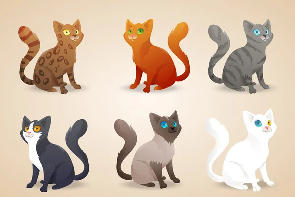 Conjunto de lindos gatos de dibujos animados con piel de diferentes colores y tipo de abrigo, razas. Aislado . — Archivo Imágenes Vectoriales