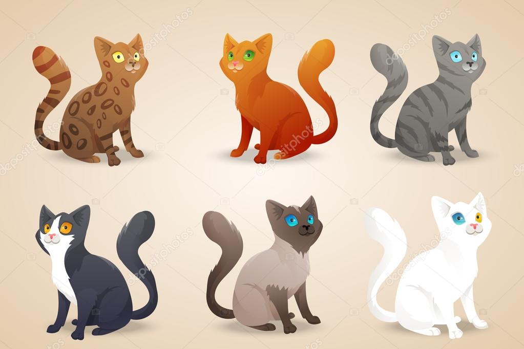 Set of cute cartoon cats with different colored fur and type of coat, breeds. Isolated.