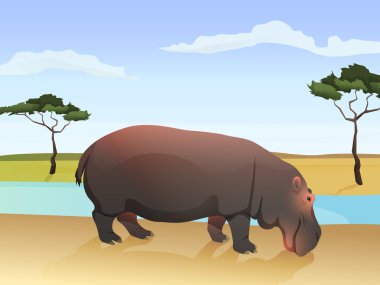 Beautiful wild african animal illustration. Big Hippo standing on the grass with african savannah, water and tree on background. clipart