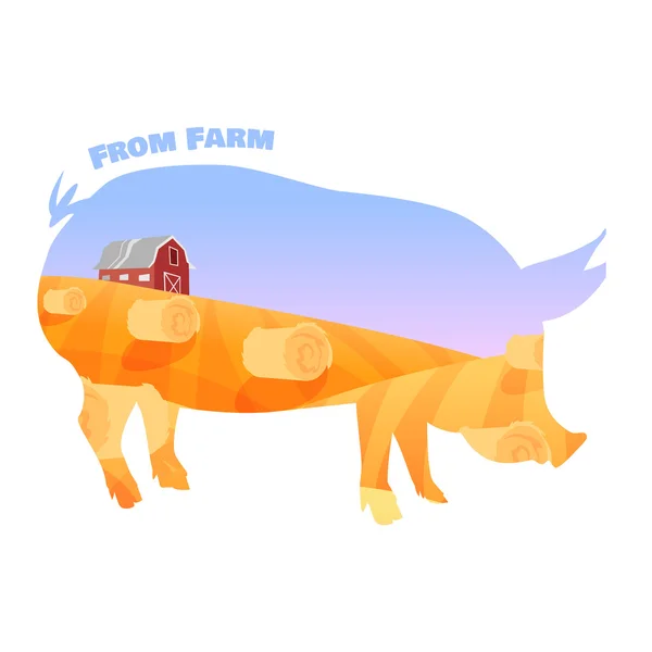 Pig silhouette with double exposure of beautiful farm landscape. Concept of fresh farming. — Stock Vector