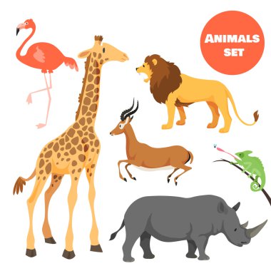 Sevimli Afrika Hayvanlar karikatür tarzı içinde çocuklar için ayarlayın. Logo veya amblem için uygundur..
