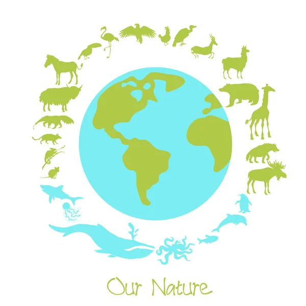 Different animal silhouettes in circle around the planet earth. Concept of eco problems and save nuture. — Stock Vector