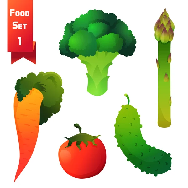 Soczyste warzywa, brokuły zielone i szparagi z marchwi, czerwony pomidor i ogórek na białym tle — Wektor stockowy