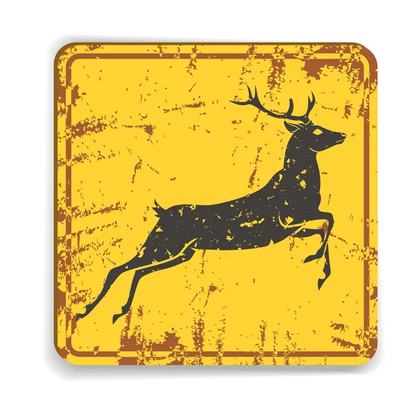 Vieja advertencia de carretera de metal cantar con silueta de ciervo sobre fondo amarillo . — Vector de stock