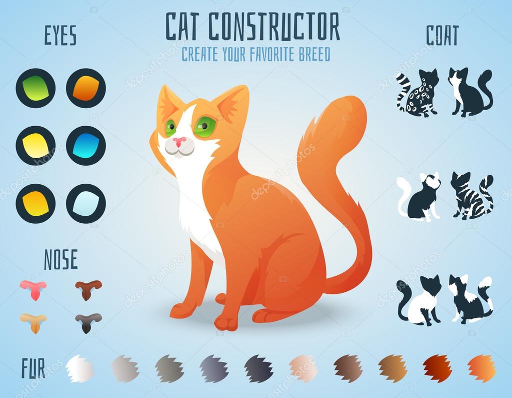 Cute cat breed constructor. You can create your own kitten breed. Change color, eyes, noses, types of coat.