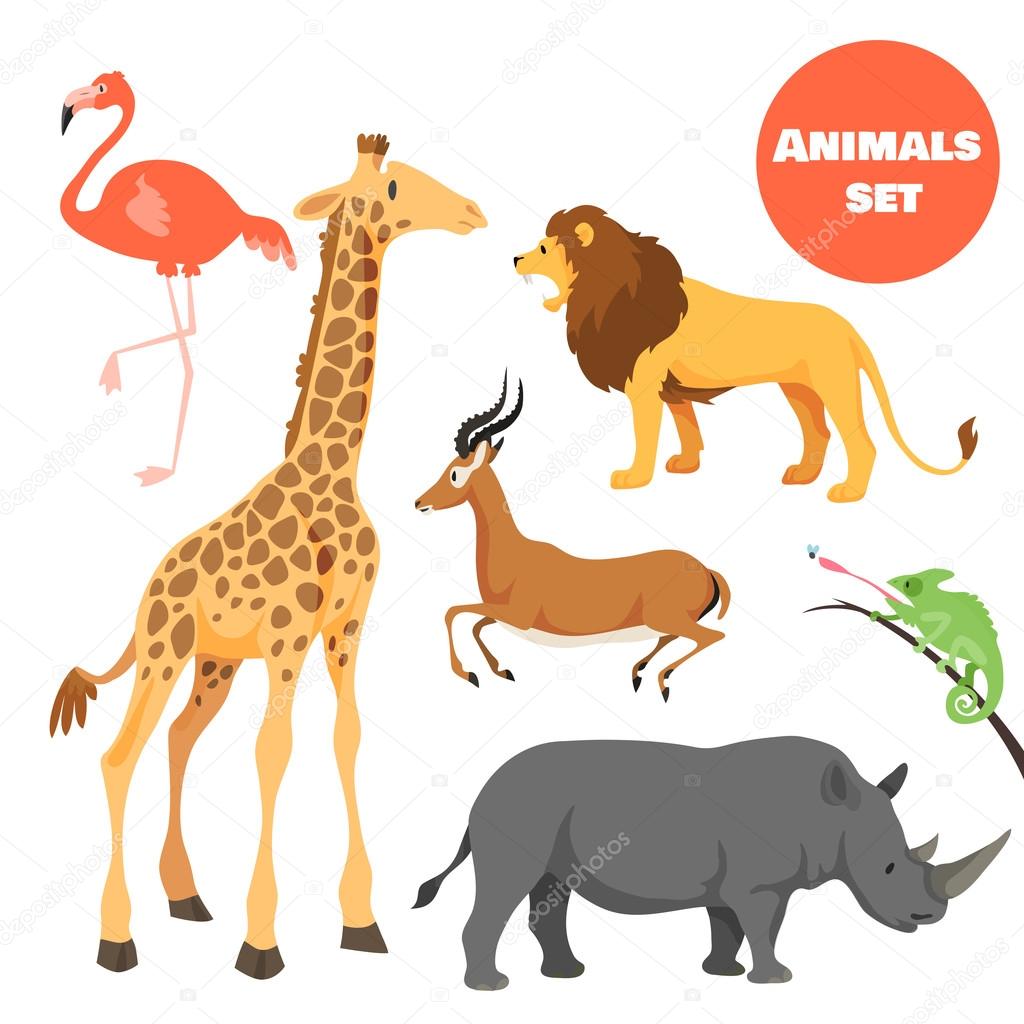 Cute african animals set for kids in cartoon style. Suitable for logotype or emblem. Vector illustration