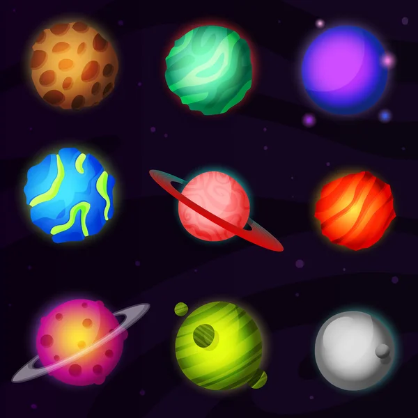 Set of 9 colorful luminous fantastic planets from other galaxy. Suitable for games, animation and video. — Stock Vector