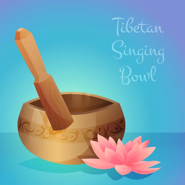 Vector illustration of tibetan singing bowl with wooden stick and lotus flower. — Stock Vector