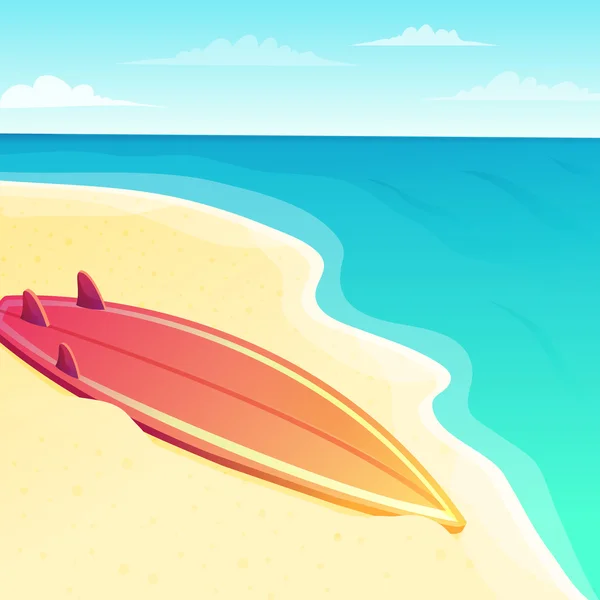 Hermoso paisaje marino de playa con tabla de surf en la arena y el agua azul del océano en el fondo. Ilustración vectorial . — Vector de stock