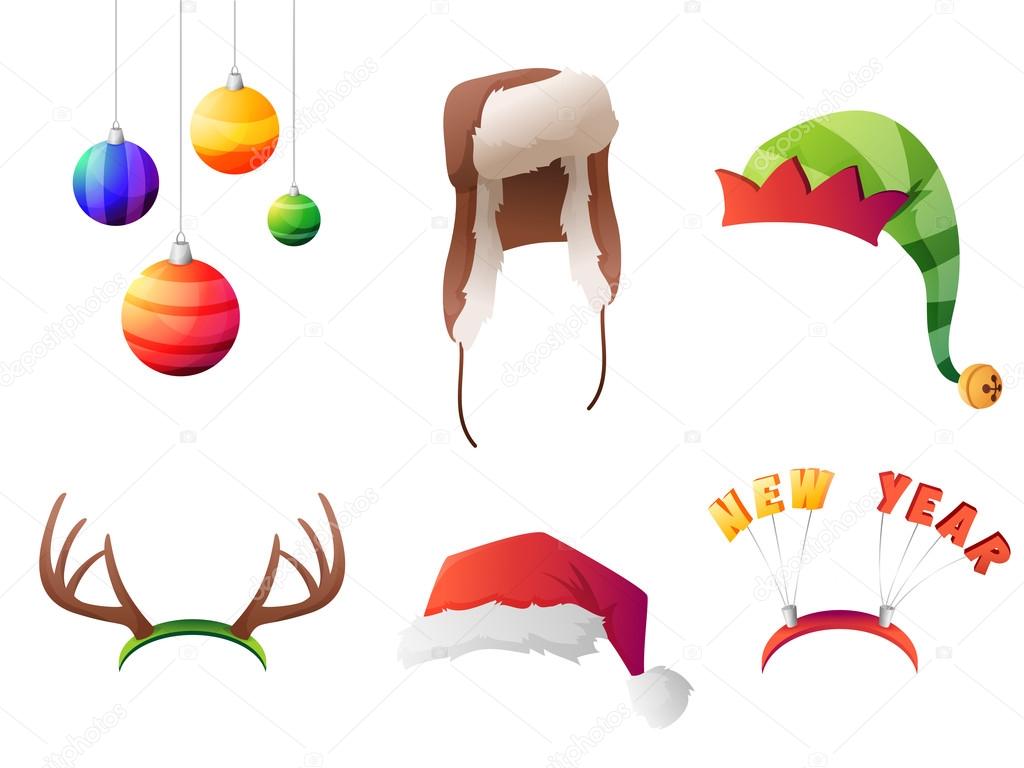 Set of vector winter christmas hats set. For party, street home and new year.