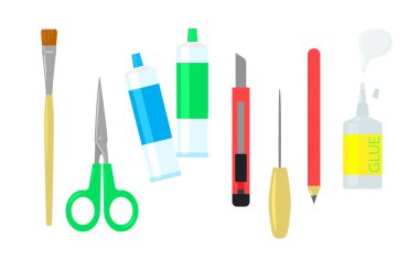 Kırtasiyeyle ayarlayın. Ofis malzemeleri, kırtasiye malzemeleri. Beyaz arkaplanda vektör illüstrasyonu.