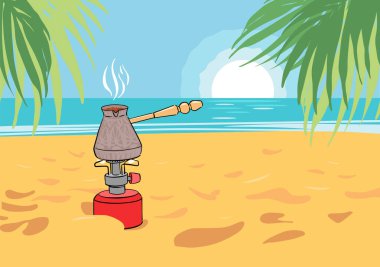 Turk, kumsalda gaz ocağında kahve içiyor. Deniz kıyısında dinlenin. Vektör illüstrasyonu.