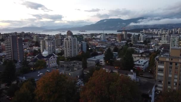 Vancouver Antenn Utsikt Kvällen Med Centrum Bakgrunden — Stockvideo