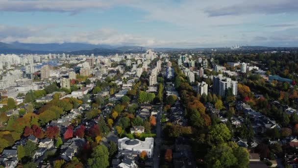 Aerial View Vancouver Neighbourhood Orange Red Trees Sunny Day — Stock Video