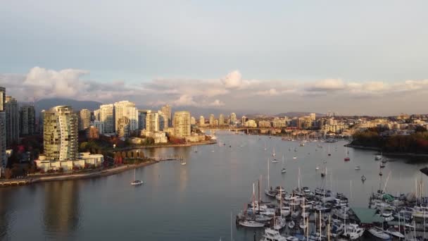 Drone Shot Vancouver Downtown Sunset Fall Yachts Front — Stock Video