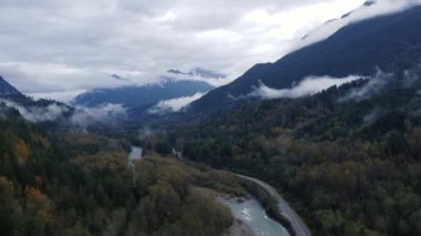 Bulutlu bir günde Kanada 'da sonbahar ormanlarının ve vahşi nehirlerin insansız hava aracı görüntüleri.