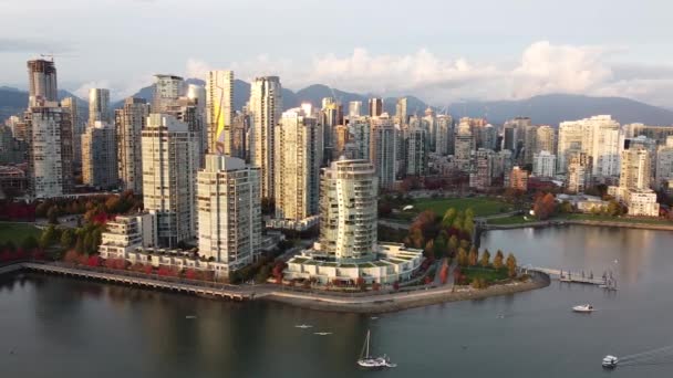 Снимок Воздуха Центре Ванкувера Золотом Вечернем Свете Красными Зелеными Деревьями — стоковое видео