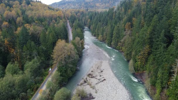 Letecký Pohled Kanadský Podzimní Les Divokou Řekou Přilehlou Nízkými Mraky — Stock video