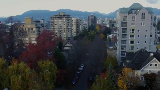 Flyg Över Vancouver Grannskapet Öppna Centrum Och Färgglada Träd — Stockvideo