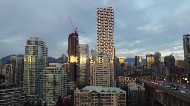 Aerial View High Buildings Vancouver Downtown Sunset — Stock Video