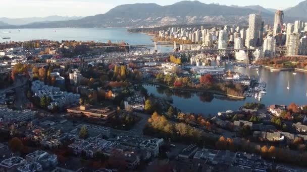 Drone Shot Vancouver Downtown Yachts Bridges Autumn Beautiful Day — Stock Video